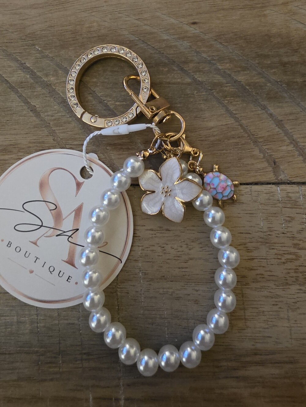SaBoutique Pearl Beaded Wristlet| Bag Charm Key Gold-tone Flower & Opal Charm